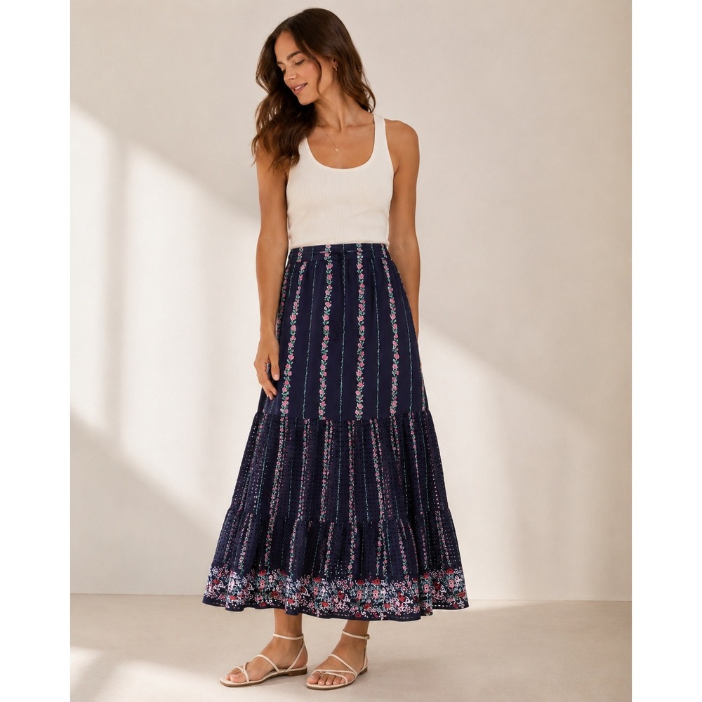 Roller Rabbit Maxi Alba Eyelet Carlisa Women XL Navy Blue Floral Eyelet Tiered